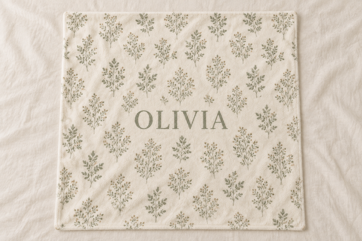 Illustrative Sage Floral blanket design shown flat with example name Olivia
